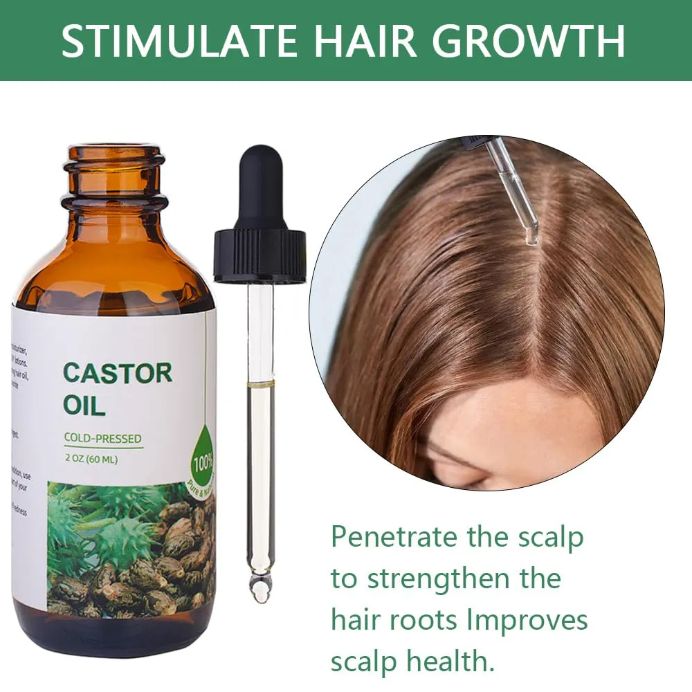 Castor Oil Organic Cold Pressed Unrefined(2oz),100% Pure Natural Jamaican Black Castor Oil for Hair Growth, eyelashes and eyebrows,Skin Moisturizer & Hair Treatment Starter Kit