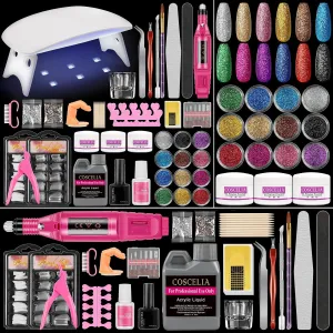 Complete Acrylic Nail Starter Kit with Professional Drill, UV Light, and Glitter Powders for Women